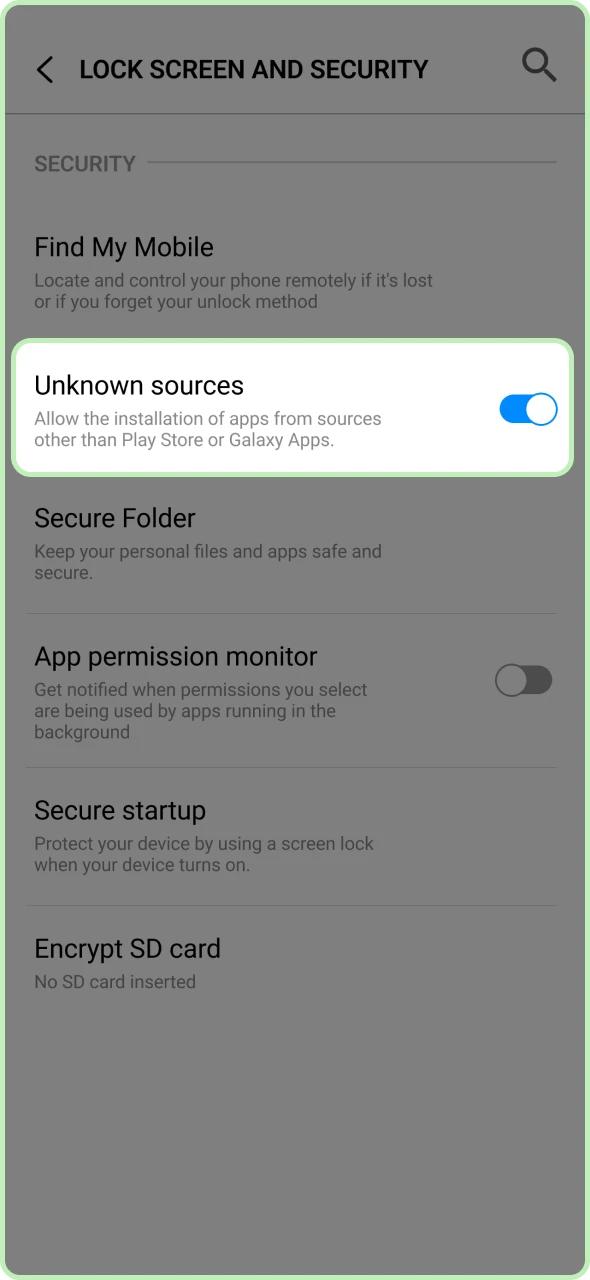 Mobile security settings menu to enable installation of external applications.