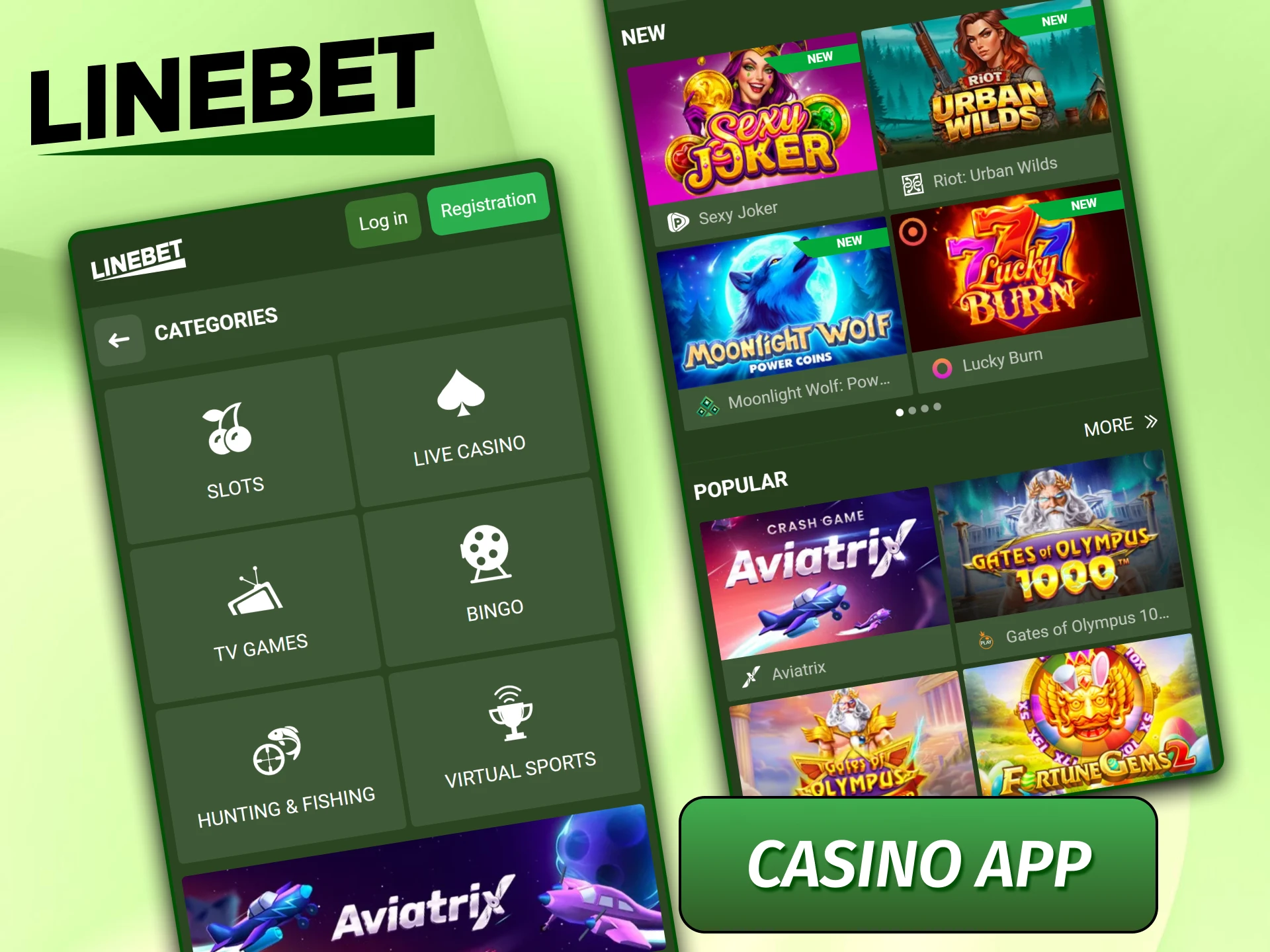 Online casino section of the Linebet mobile application featuring various slots and games.