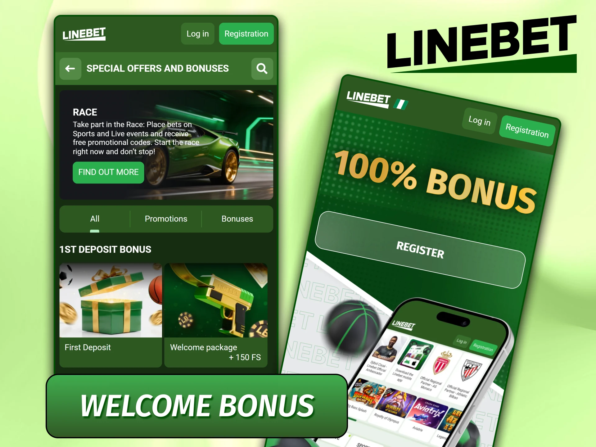 Promotional banner for the Linebet mobile app welcome bonus for new players.