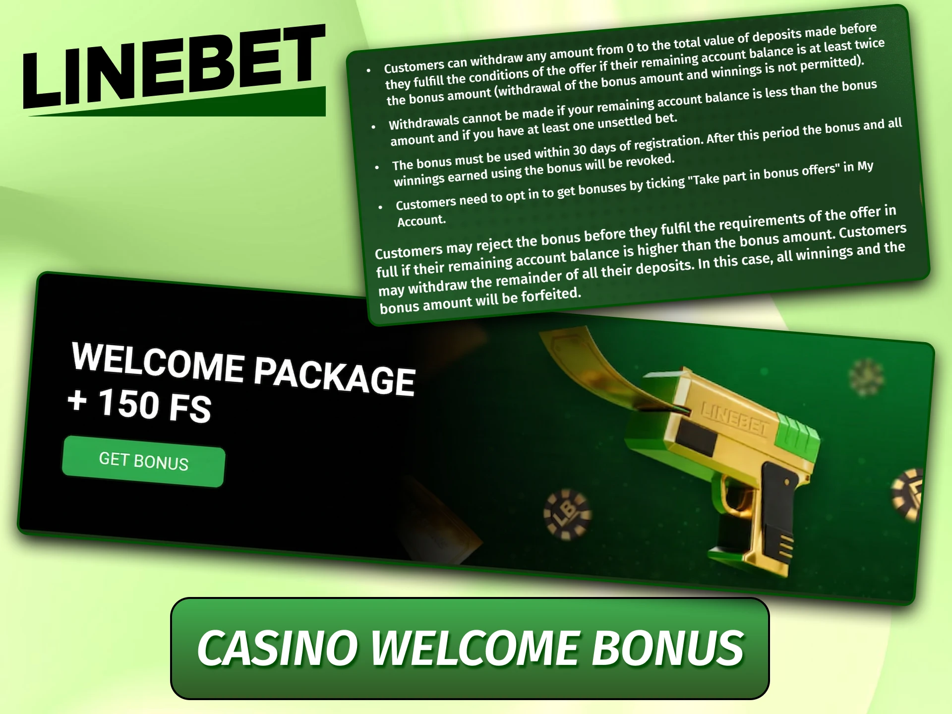 Promotional package including free spins for online slot games.