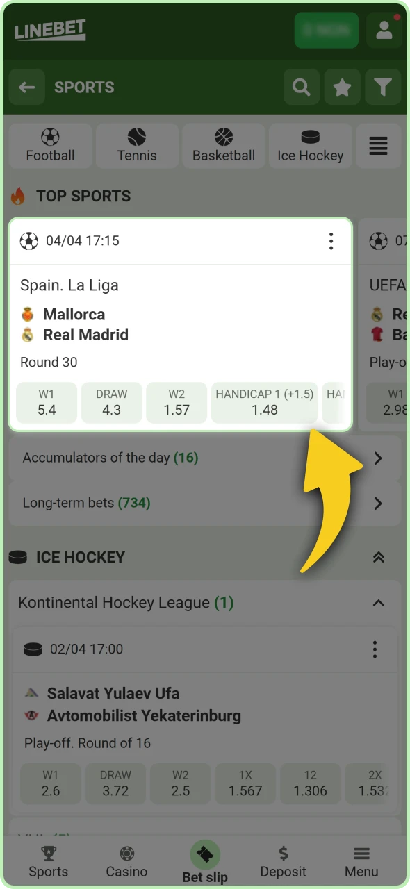 Selection of a specific discipline and match from the betting list.