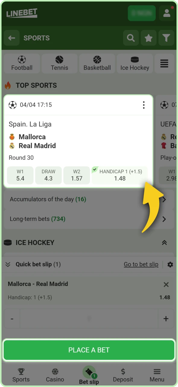 Inputting the wager amount in the bet slip and validating the action.