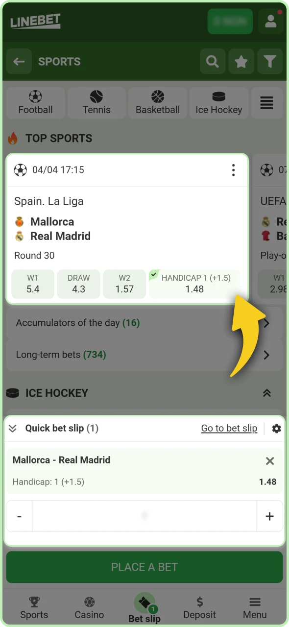 Choosing a specific outcome and its corresponding payout ratio.