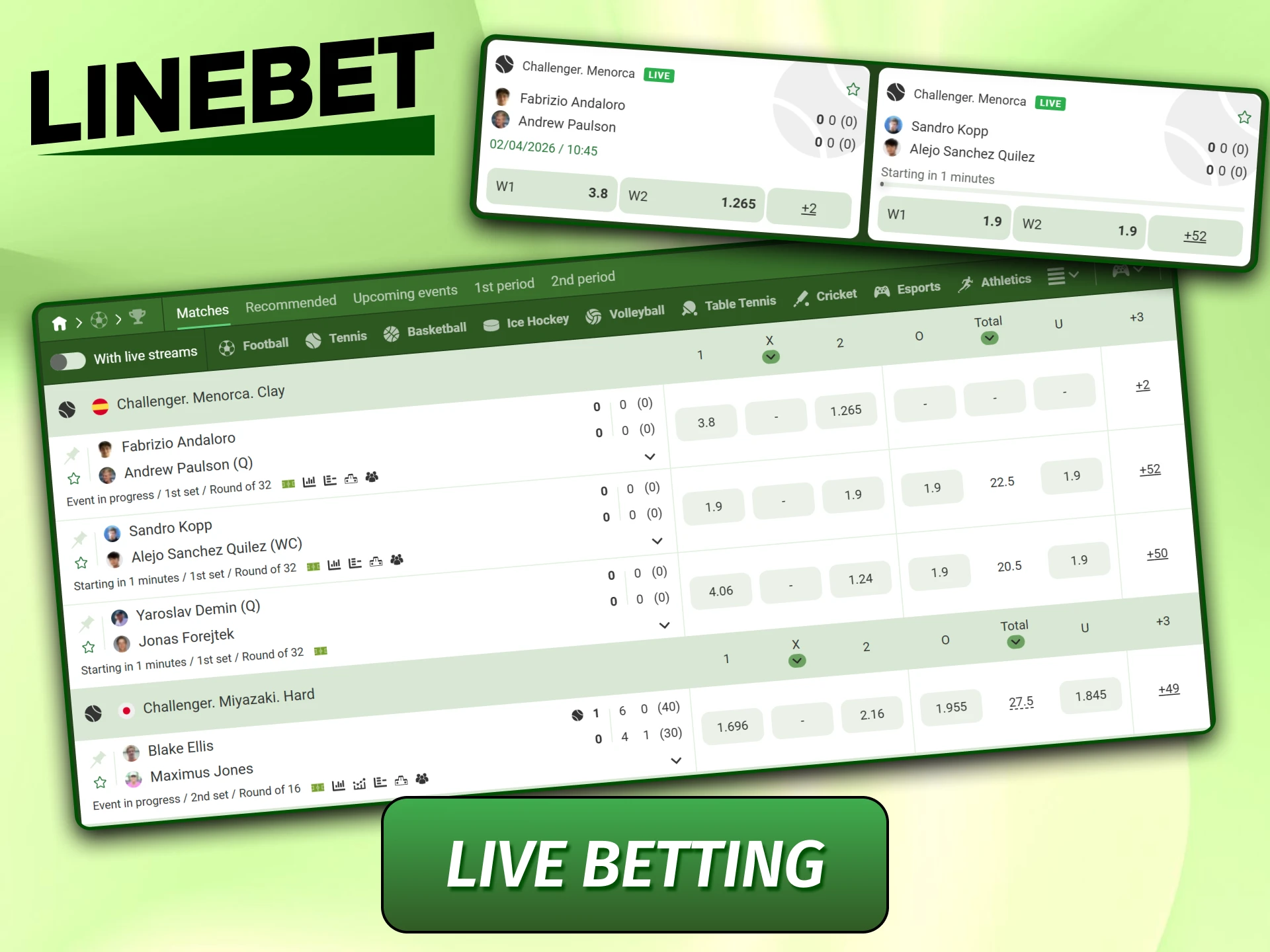 Real-time wagering on matches currently in progress.