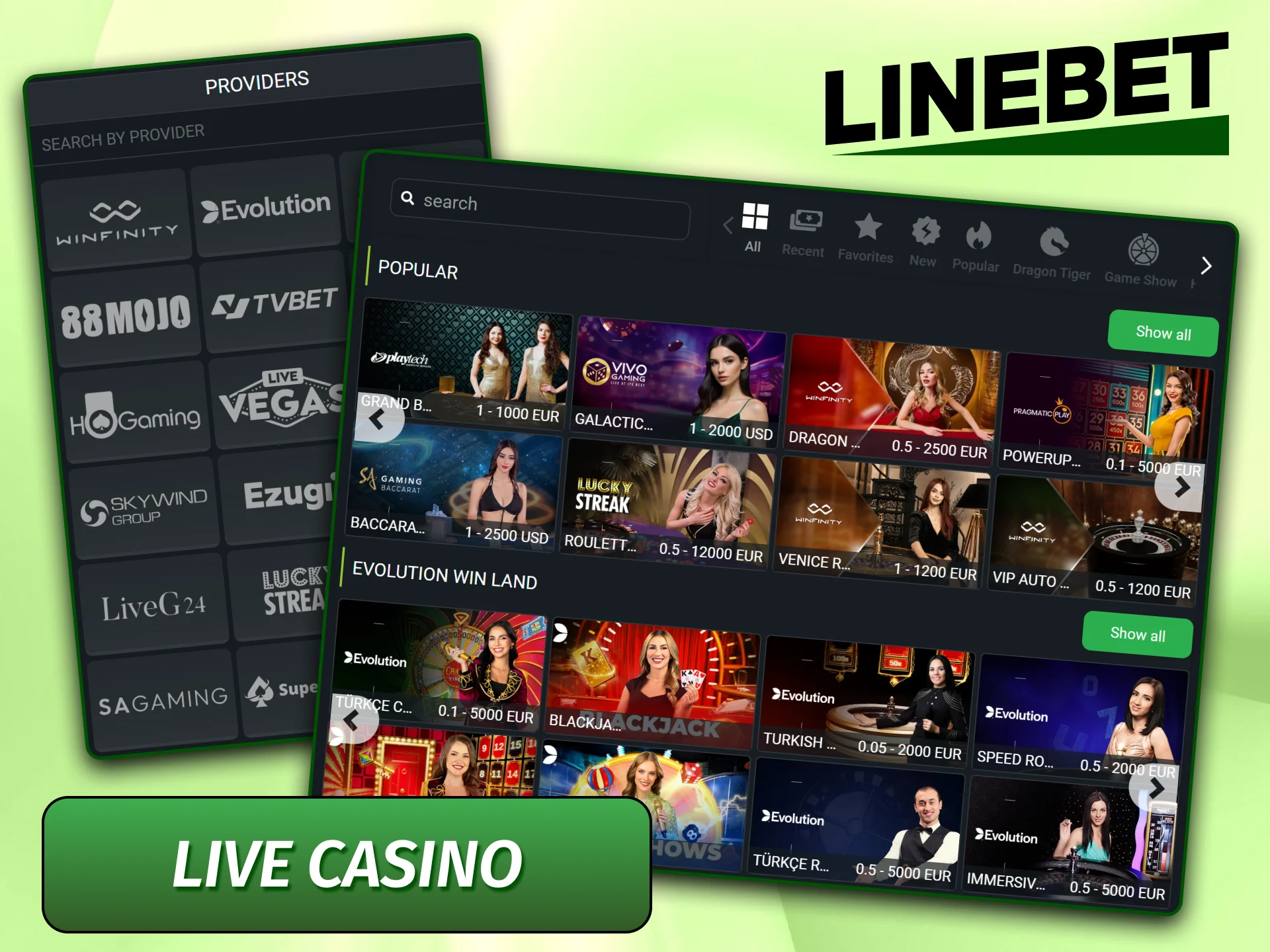 Real-time gaming tables with professional human dealers streamed in high definition at Linebet.