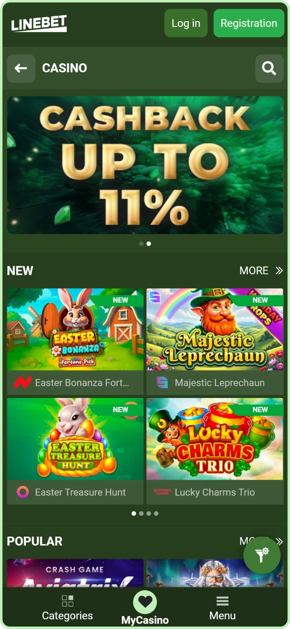 Main online casino section showcasing various slot machines and table games.