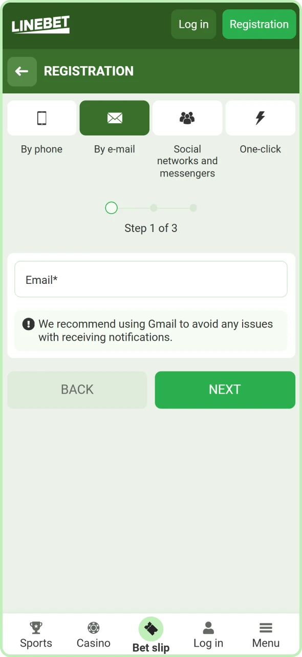 Account creation form for new users to sign up on the Linebet platform.